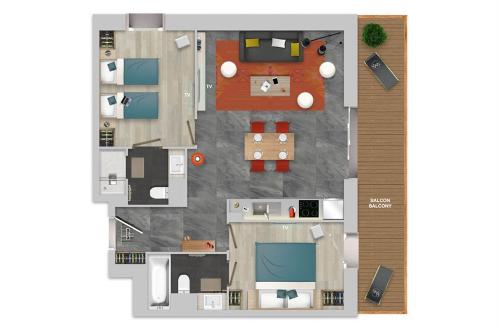 Chalets Izia 2 bed apartment floor plan; Copyright: Village Montana