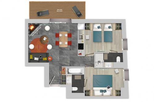 Chalets Izia 2 bed with fireplace apartment floor plan; Copyright: Village Montana
