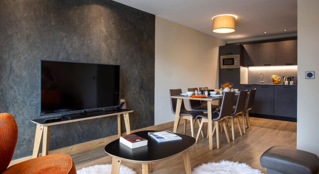 Residence Daria-I Nor medium lounge kitchen dining; Copyright: Chalet des Neiges