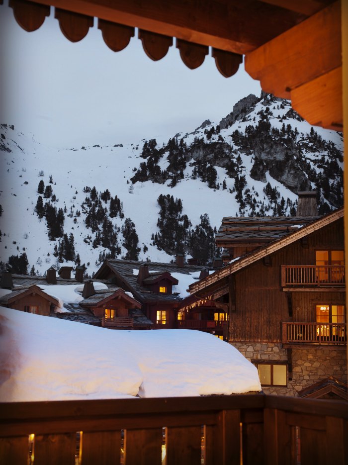 Snowy alpine village at twilight