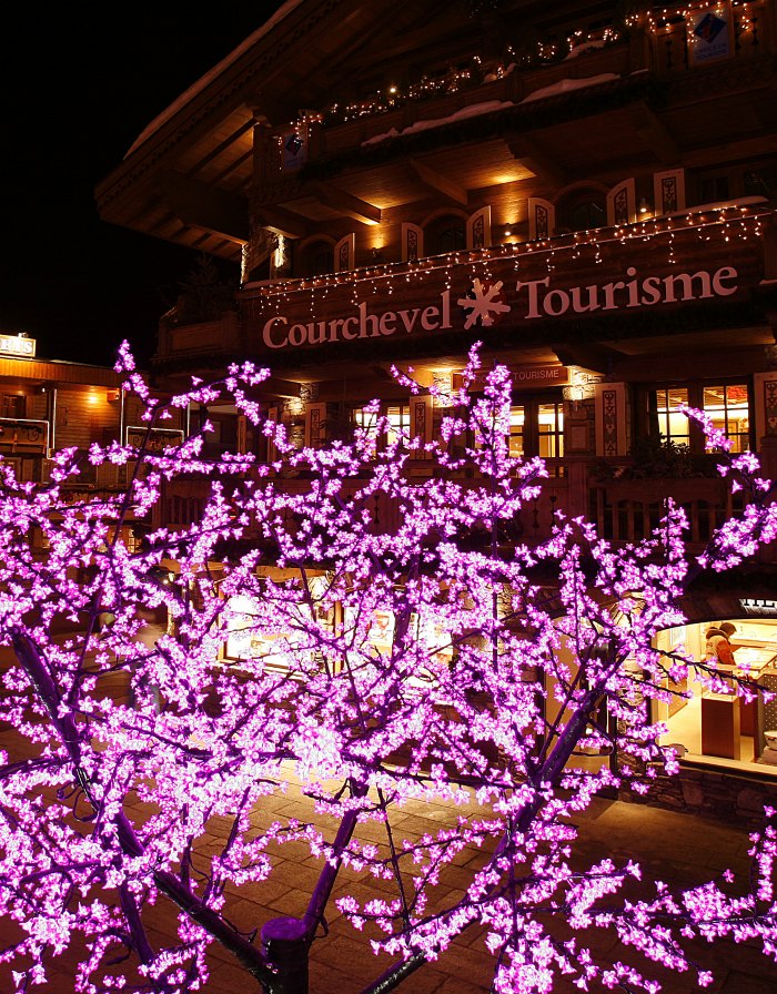 Hotel in Courchevel lit up with christmas decorations
