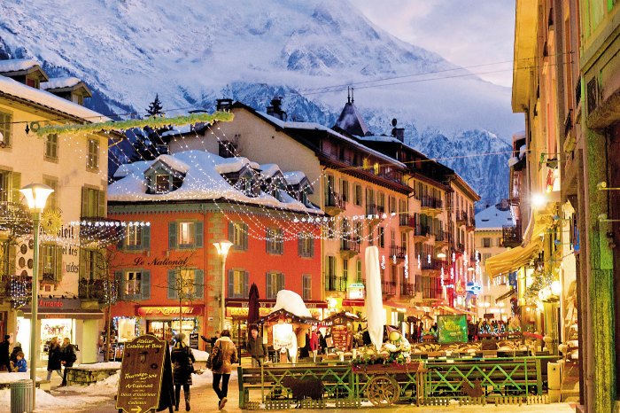 Festive decorations in alpine town