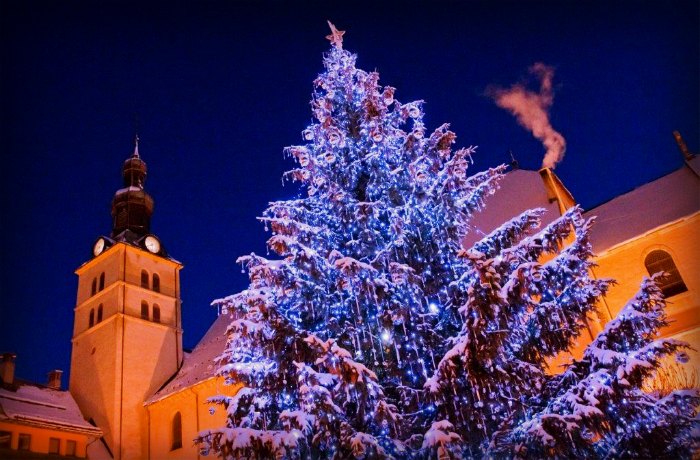 Christmas tree in alpine ski resort village